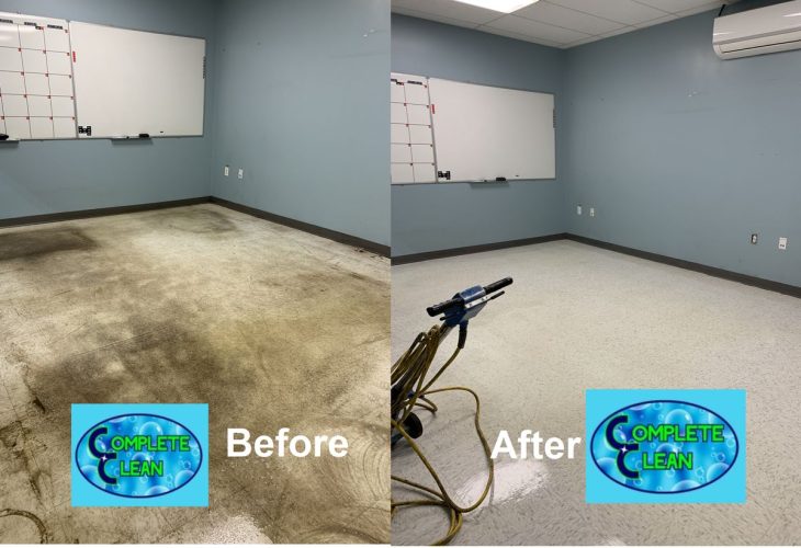 The floor before and after cleaned by Complete Clean